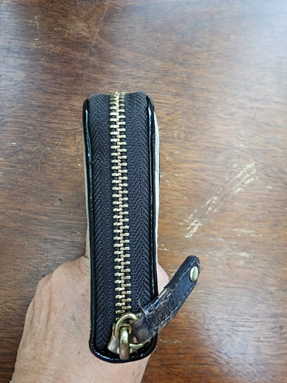 Coach Madison Signature Accordion Zip Wallet Khaki Brown Pleated Jacquard